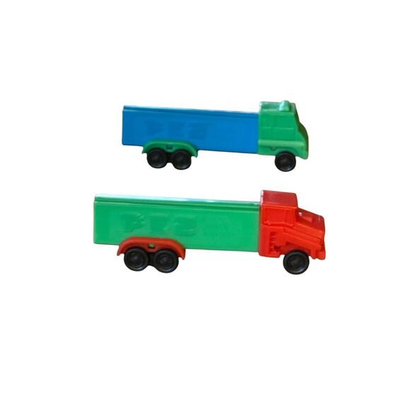Vintage PEZ Truck Made in Slovenia 4 Trucks 1 Whistle Blue Green Red Yellow - Picture 2 of 4
